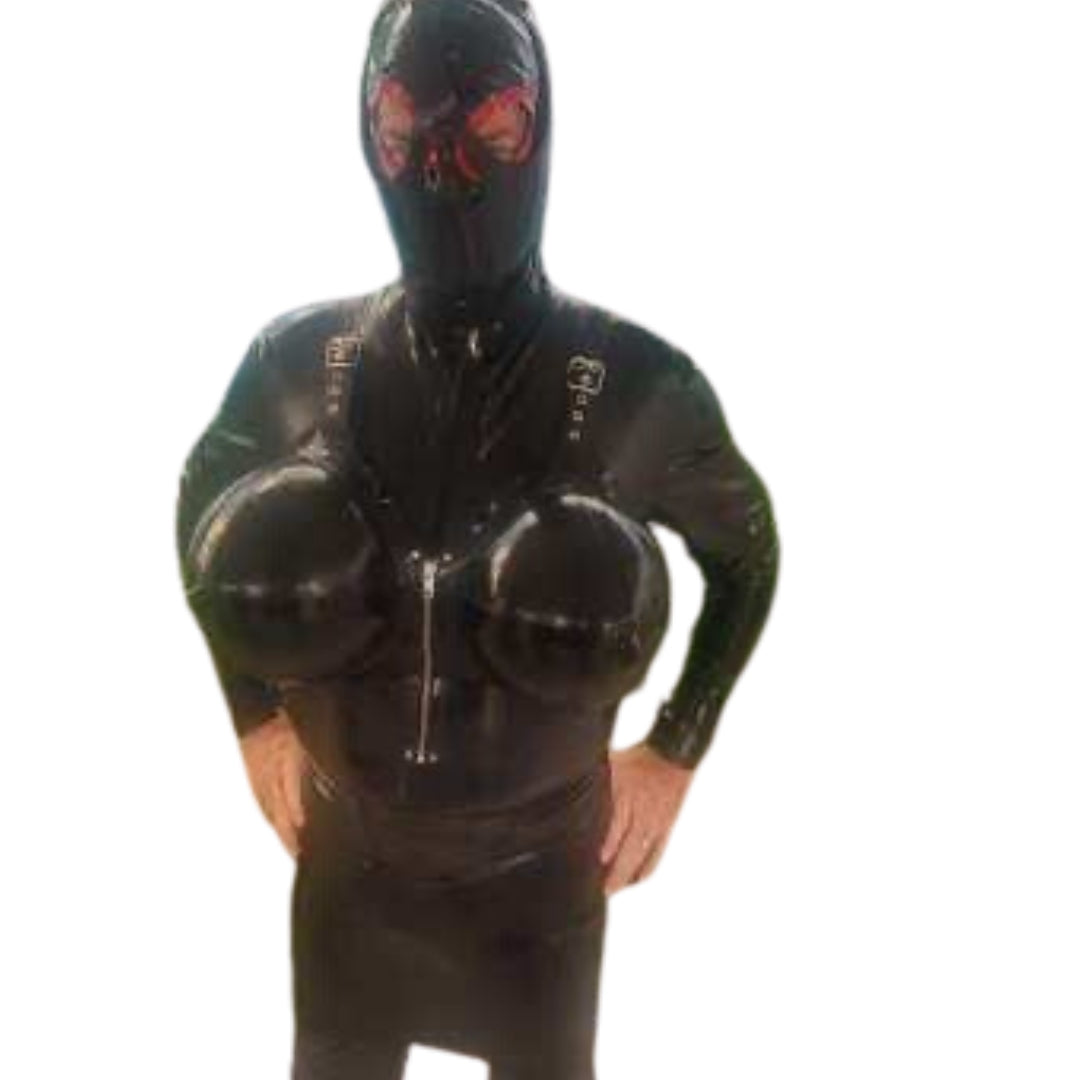 Model wearing Inflatable torpedo Tatas Latex Bra over long sleeve latex catsuit