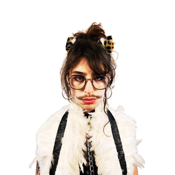 model wearing animal print latex feline ears