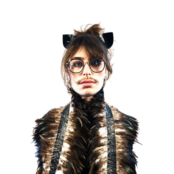 Close up of a model wearing the brown latex feather boa draped around their shoulders.
