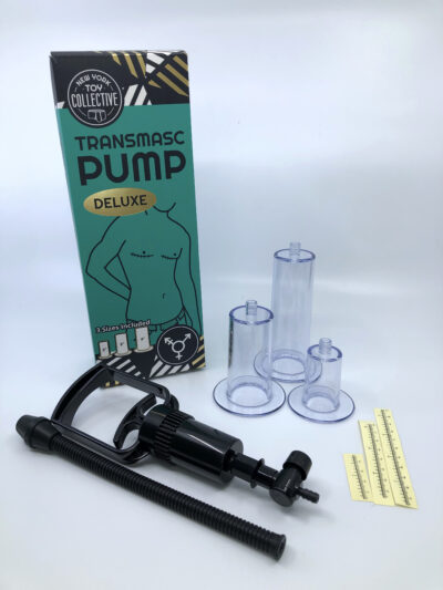 The packaging and accessories for the the NYTC Trans Masculine Pump with three cylinders. 
