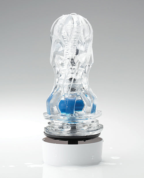 The Tenga Aero Stroker with the top off showing the clear sleeve and cobalt ring.