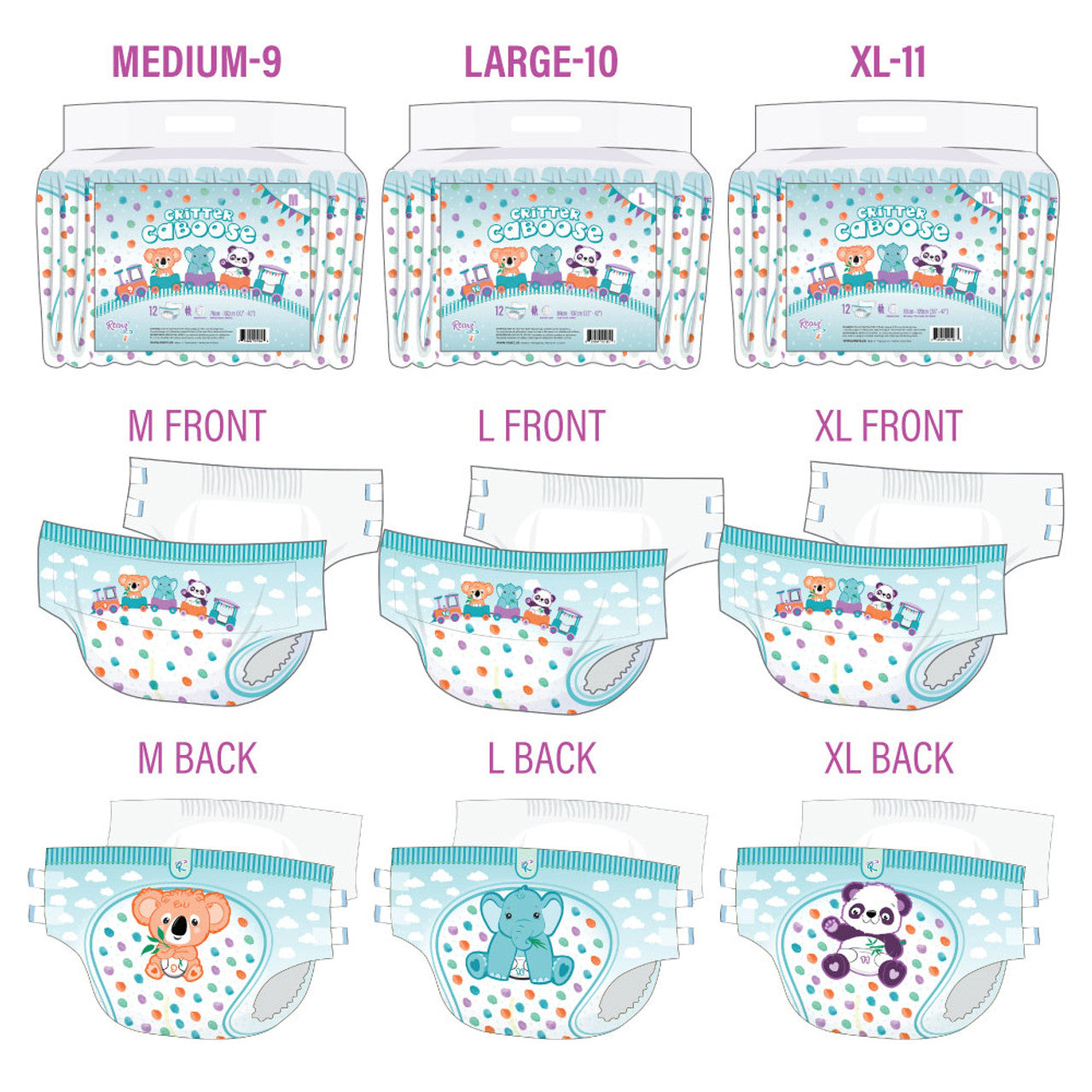 An illustration of the different sizes of the Critter Caboose Rearz Disposables Diapers.