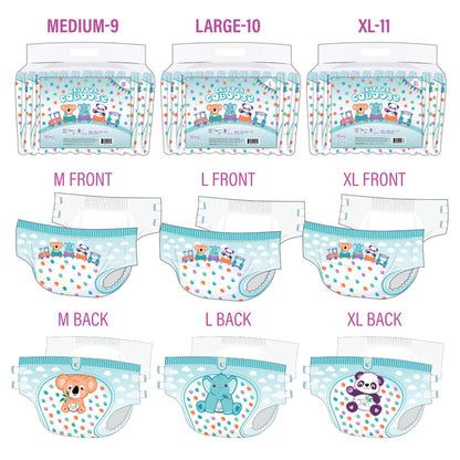An illustration of the different sizes of the Critter Caboose Rearz Disposables Diapers. 