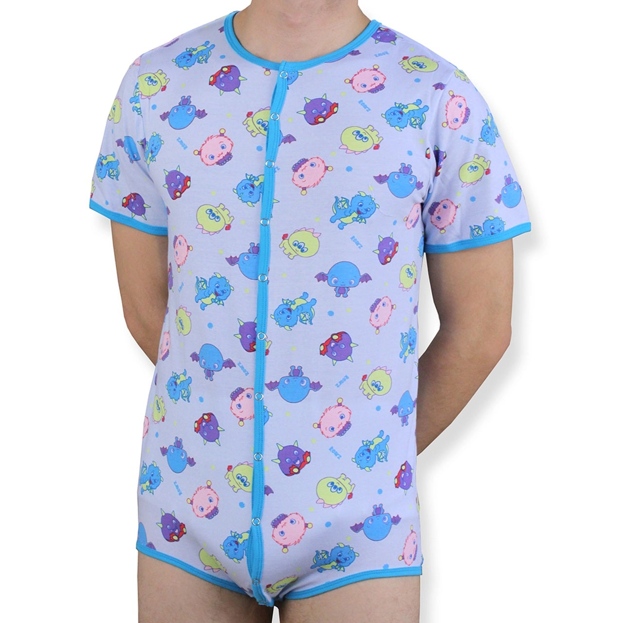 The Lil' Monsters Rearz Printed Onesie front view on pale skin model