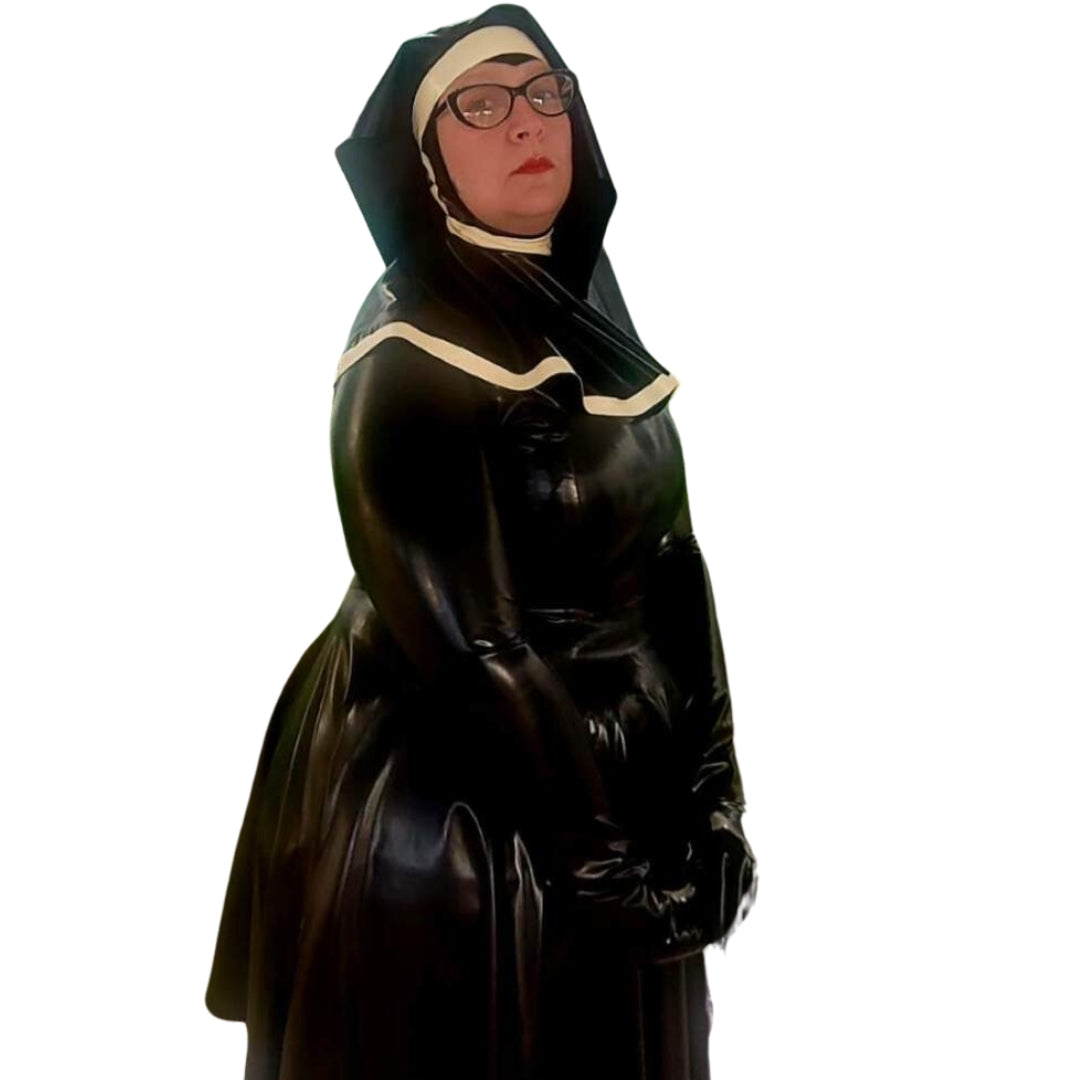 Plus size model wearing Filthy Habbit Latex Nun HeadGear with long sleeve latex dress