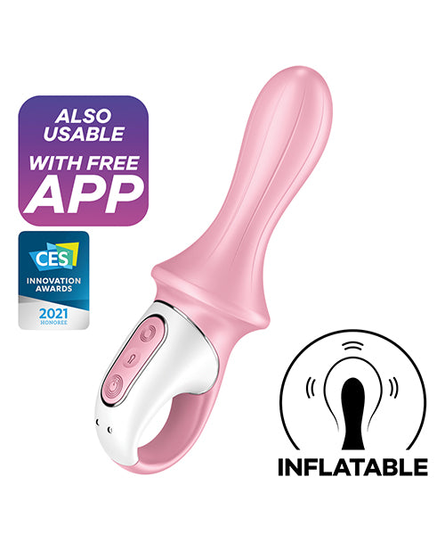 An illustration showing that the Satisfyer Air Pump Booty 5+ is inflatable and can be used with its free app.