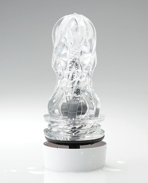 The Tenga Aero Stroker with the top off showing the clear sleeve and silver ring.