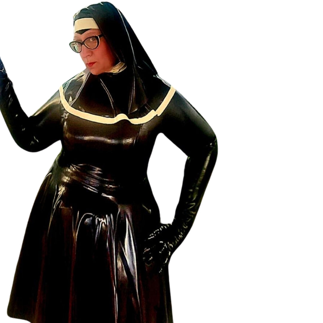 model facing left/front wearing Filthy Habbit Latex Nun Headgear