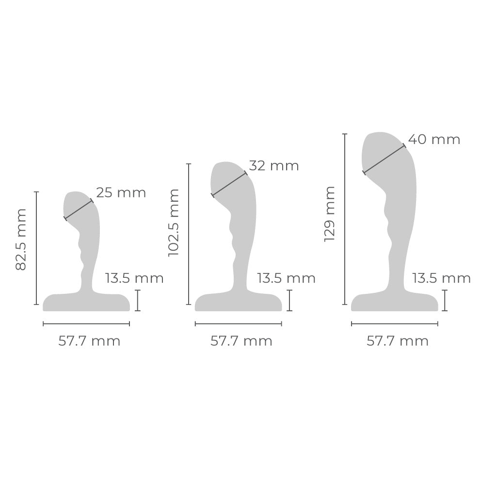 The size dimensions for each plug in the Stainless Steel P-Spot Training Set.