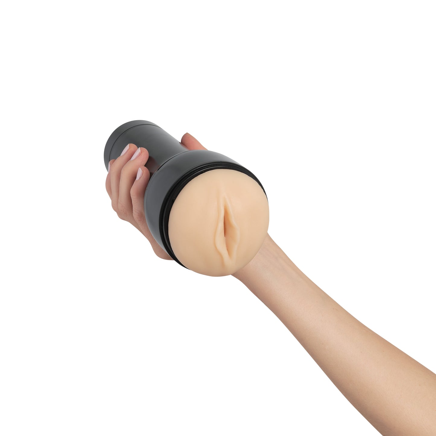 A hand holding the Pale Vagina Kiiroo Feel Stroker.