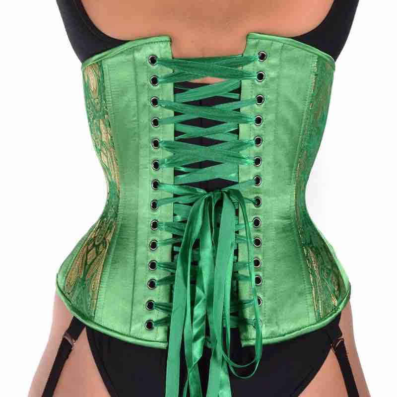 The Emerald & Gold Brocade Hourglass Cincher, rear view.