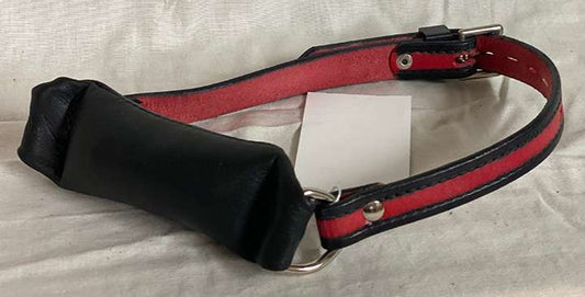 The red and black Locking Leather Pillow Bit Gag.