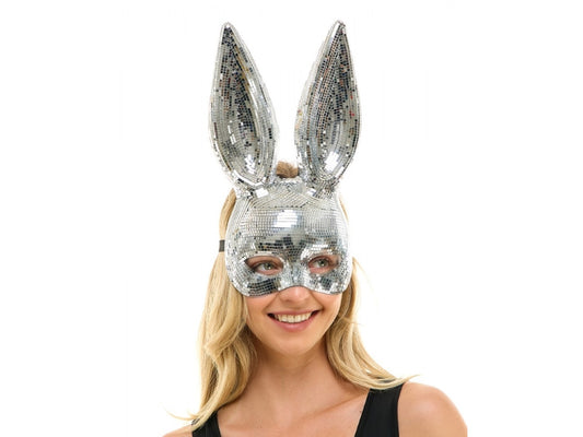 A model wearing the silver Disco Bunny Mask.