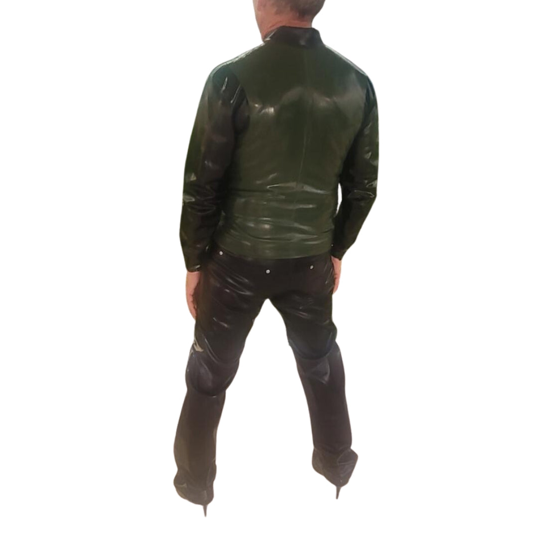 Back of Latex Collared Dress Shirt under latex vest on Model