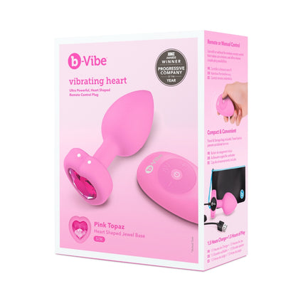 The packaging for the pink The pink Vibrating Heart Jewel Plug with Remote.