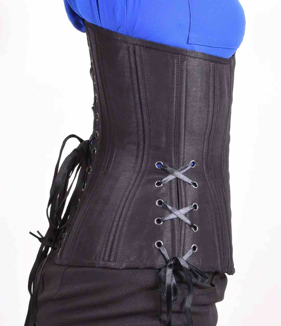The Black Taffeta Longline Underbust Corset in Hourglass Silhouette, right side view.