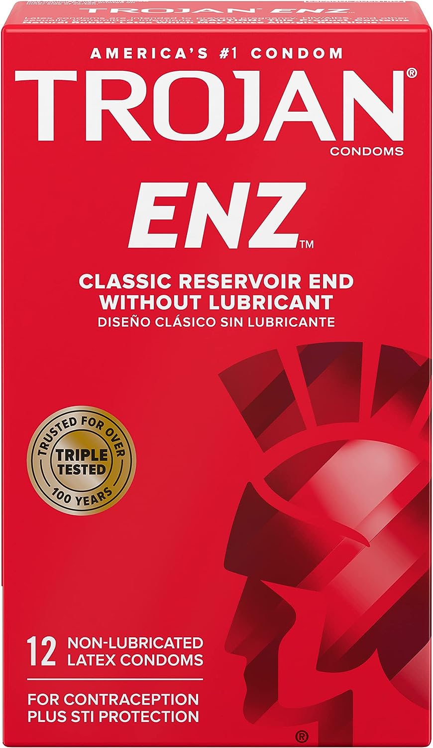 A box of 12 Trojan Enz Non-Lubricated Condoms.