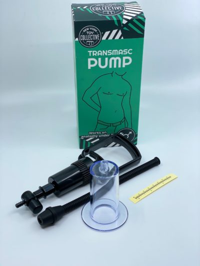 The packaging and accessories for the NYTC Trans Masculine Pump with one cylinder. 