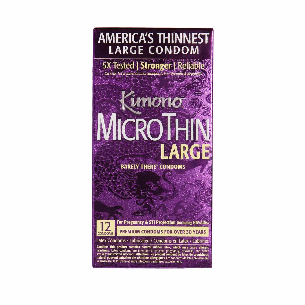 A box of 12 Kimono Micro Thin Large Condoms.