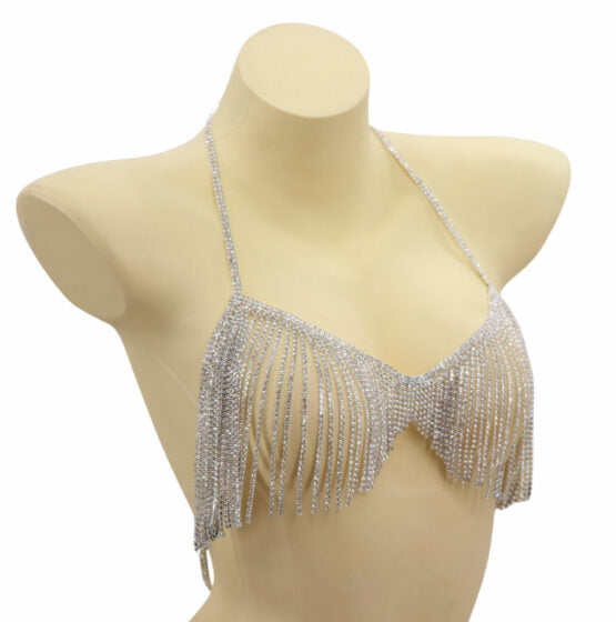 The Rhinestone Fringe Halter Bralette on a mannequin.