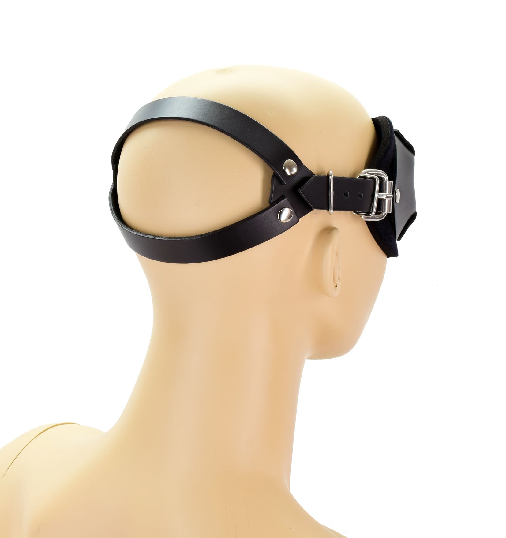 A mannequin head displaying the leather Ultimate Blindfold, rear and right side view.