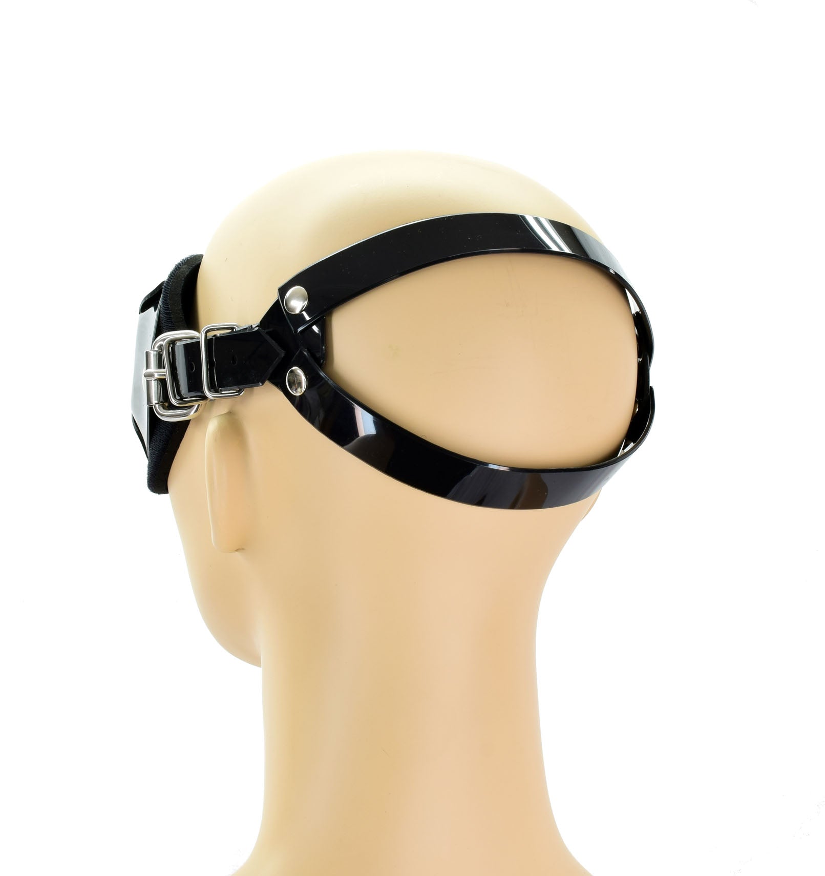 The PVC Ultimate Blindfold on a mannequin head, rear view.