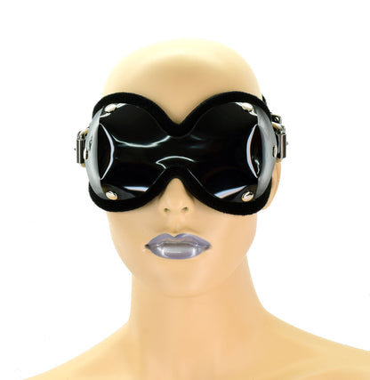 A mannequin head displaying the PVC Ultimate Blindfold, front view.