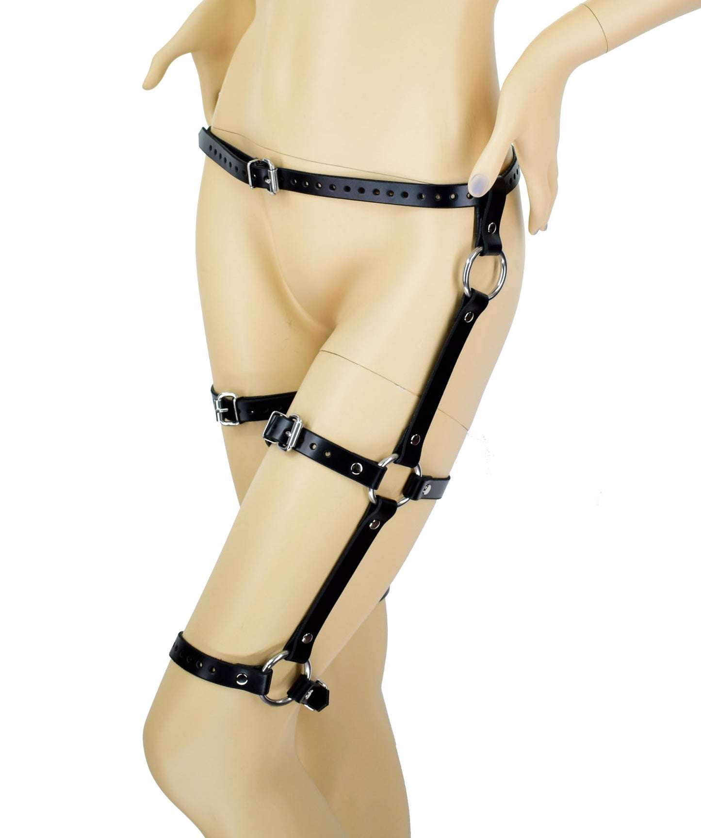 The Leather Garter Double Leg Harness on a mannequin, side view.