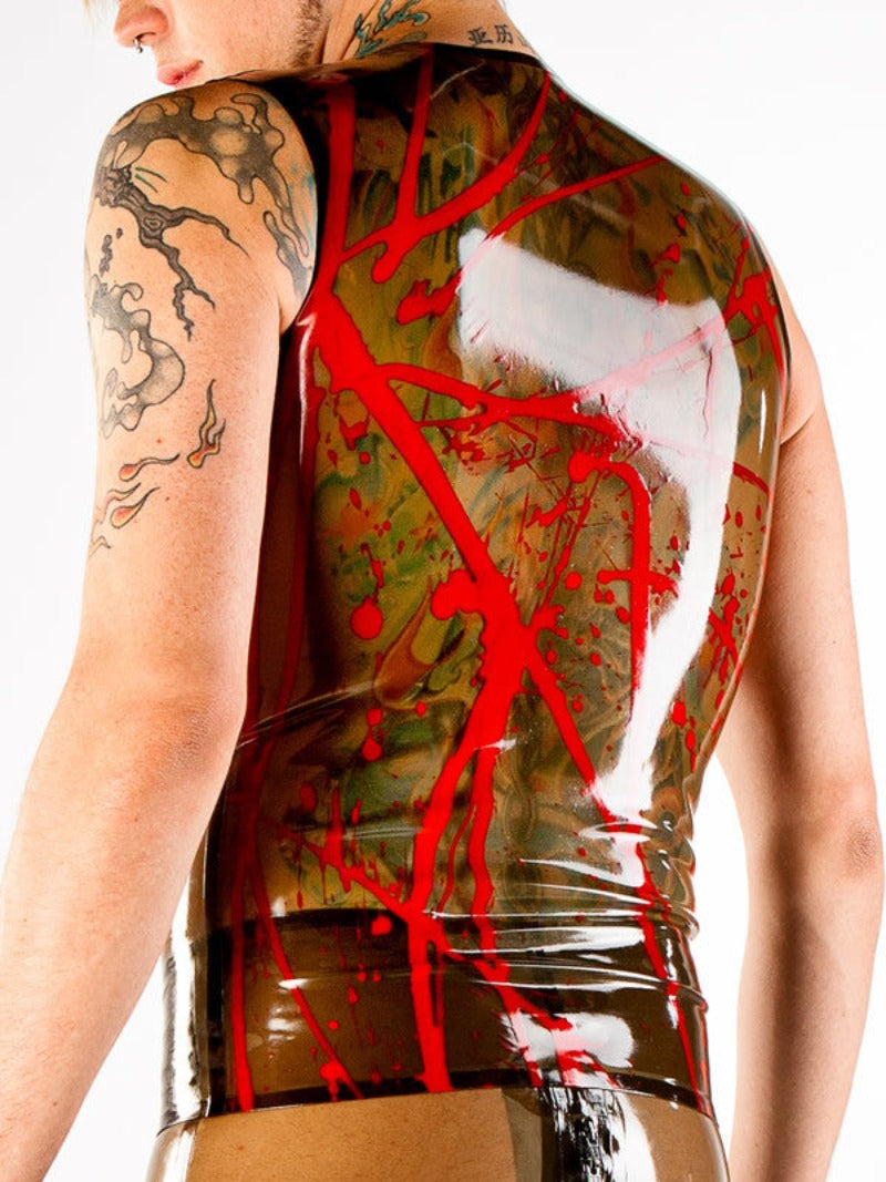 The back of the smoked/red Latex Splatter Vest with Front Zipper.