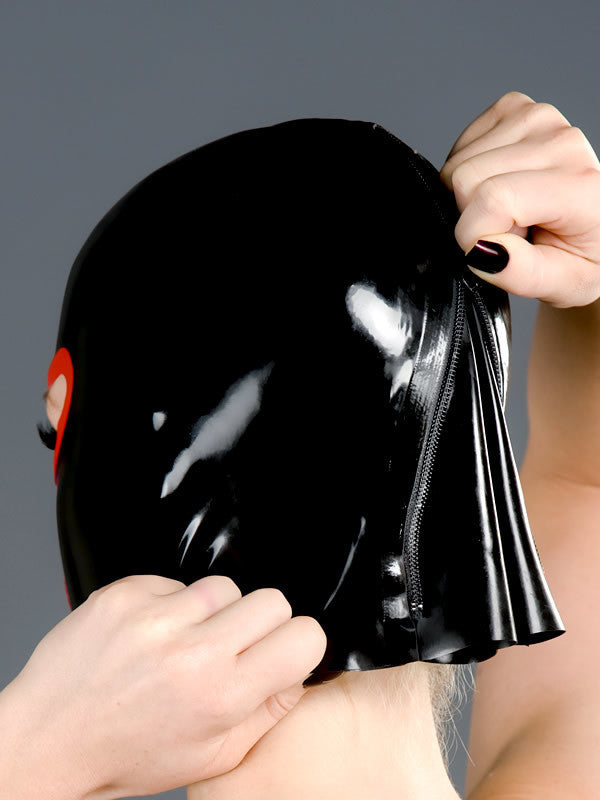 The back zipper of the Latex Hood with Nose Holes & Open Mouth.