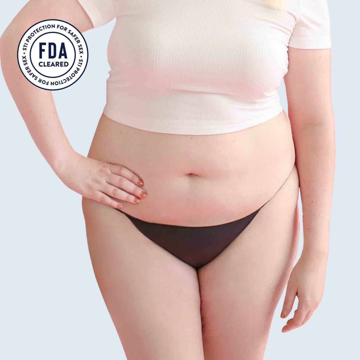 The Opaque Black bikini Lorals Panties For Protection on a plus size model, front view.