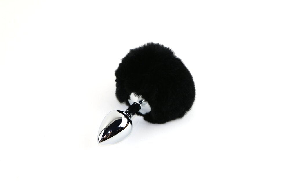 Black Stainless Steel Real Rabbit Fur Tail Plug.