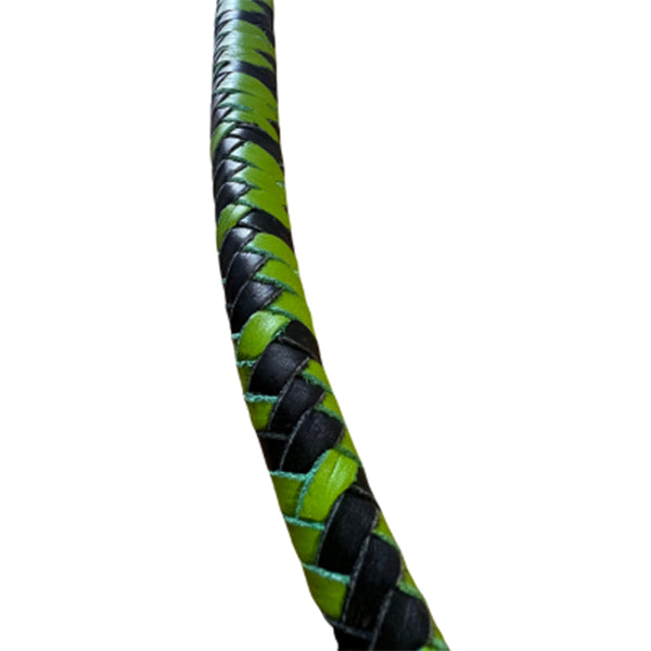 A close up of the body of Spring Green and Black Braided Singletail whip.