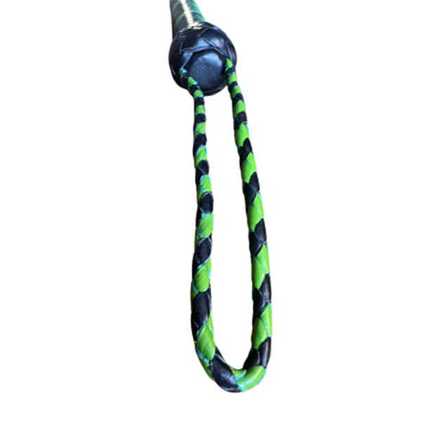 A closeup of the wrist loop of the Spring Green and Black braided single tail whip.