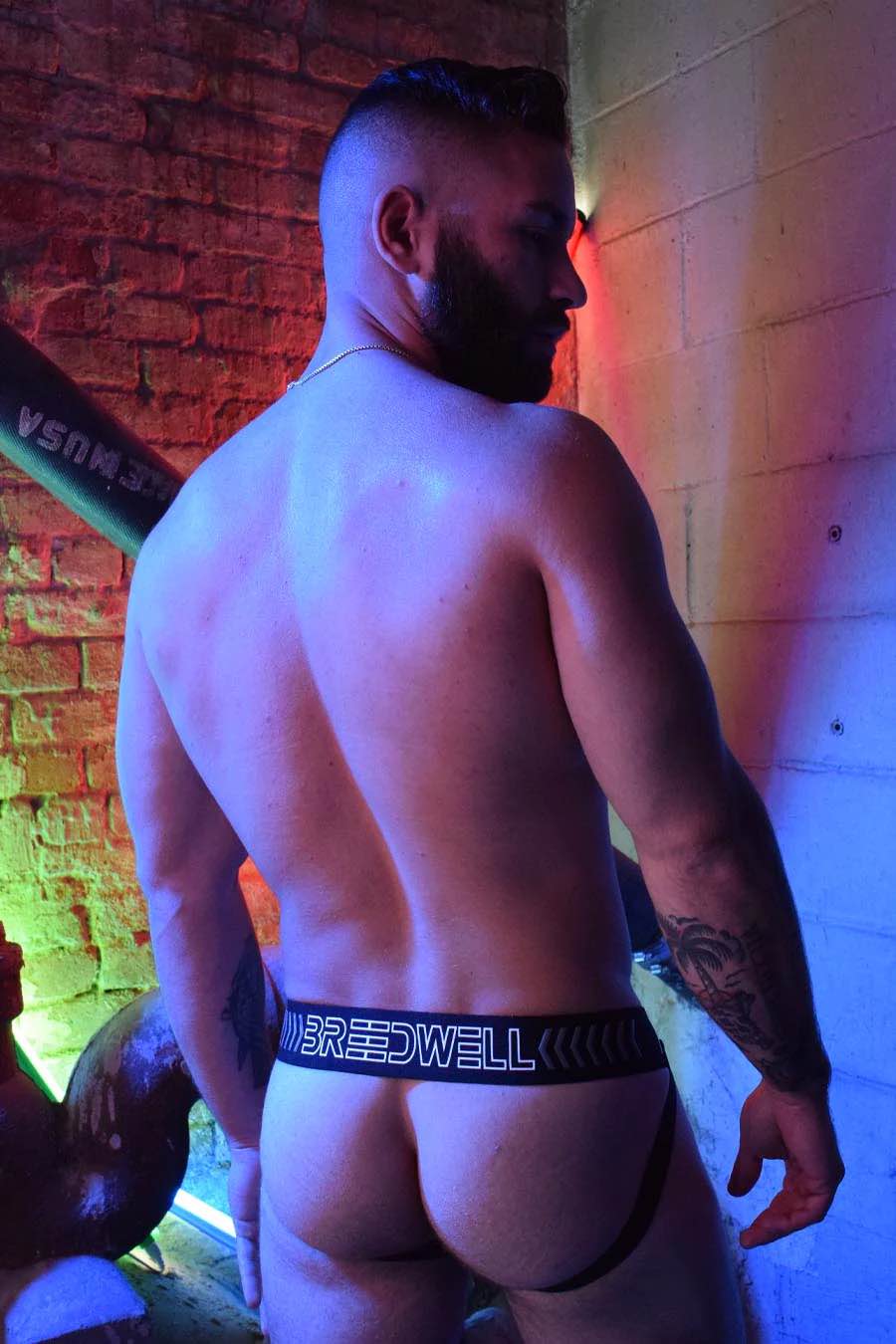 A model wearing the black Breedcore Jock, rear view.