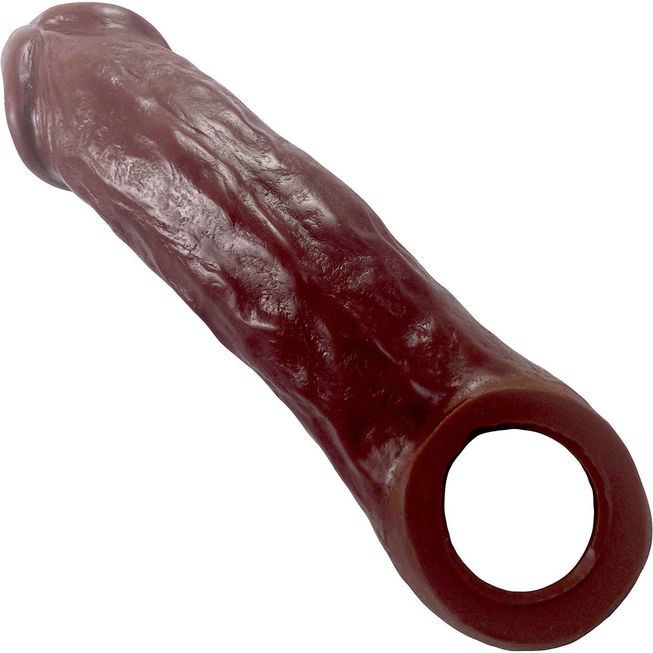 The back of the chocolate Colossus Vixskin Extender Dildo.