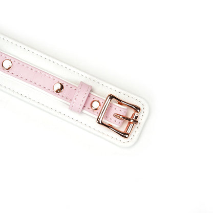 White and Pink Leather Collar with Chain Leash Close Up on Buckle