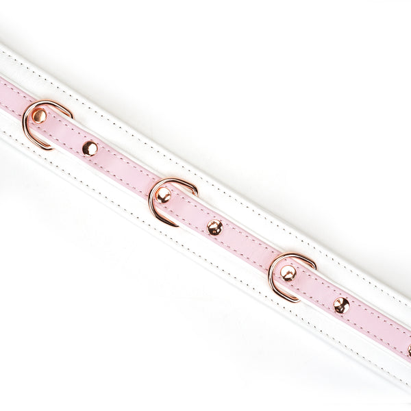 White and Pink Leather Collar with Chain Leash Close Up on Metal Hardware