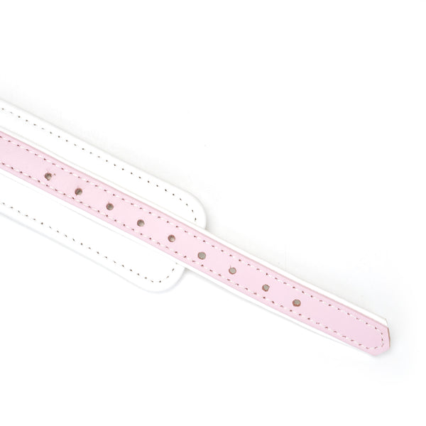 White and Pink Leather Collar with Chain Leash Close Up on Buckle Holes
