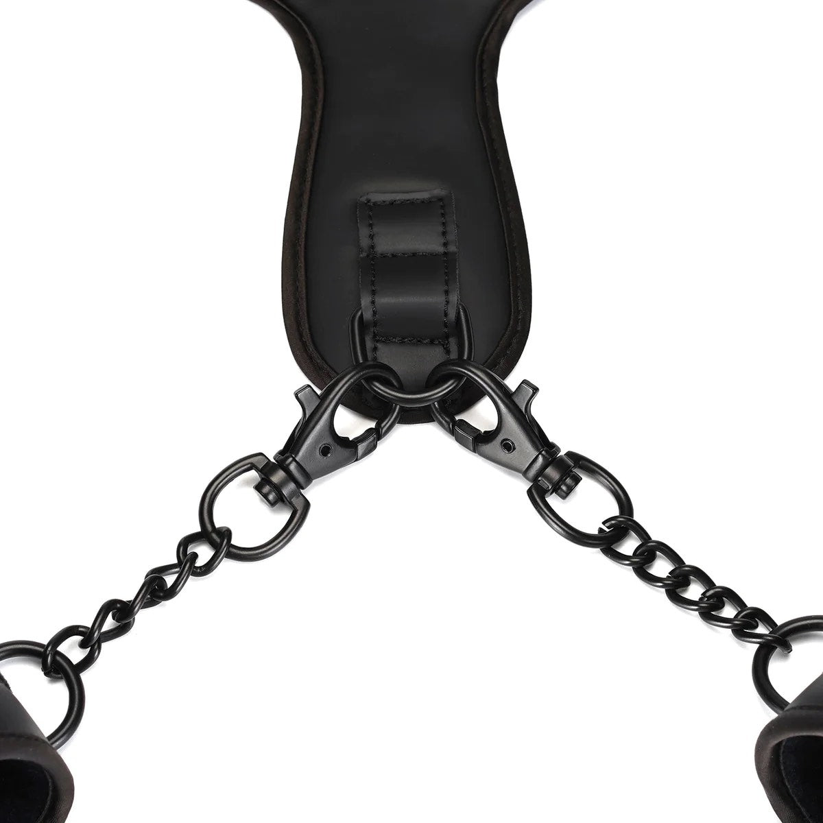 A close up of the collar's D-ring with metal clips and wrist cuffs attached.
