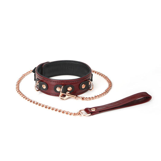Red Wine Leather Collar With Chain Leash Overhead View