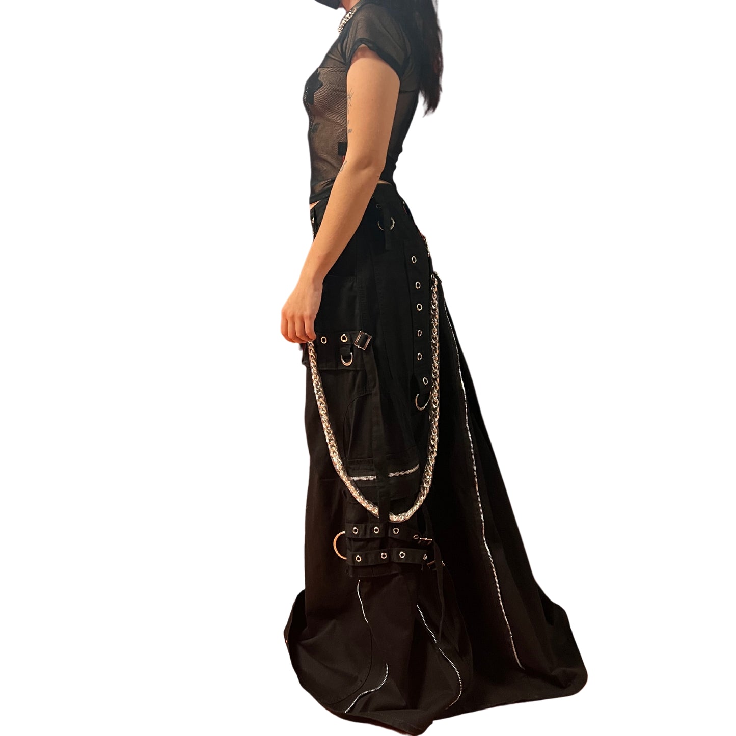 left side of Strength Maxi Kilt on model with black  fishnet t-shirt