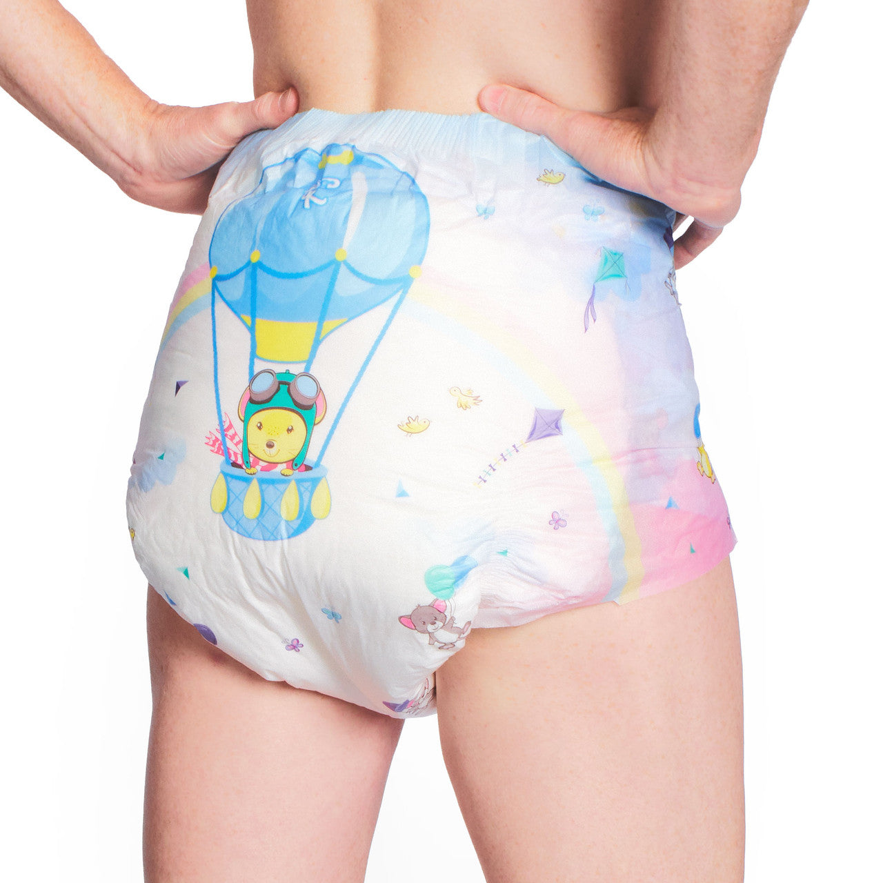 Rear view of daydreamer disposable diaper on model