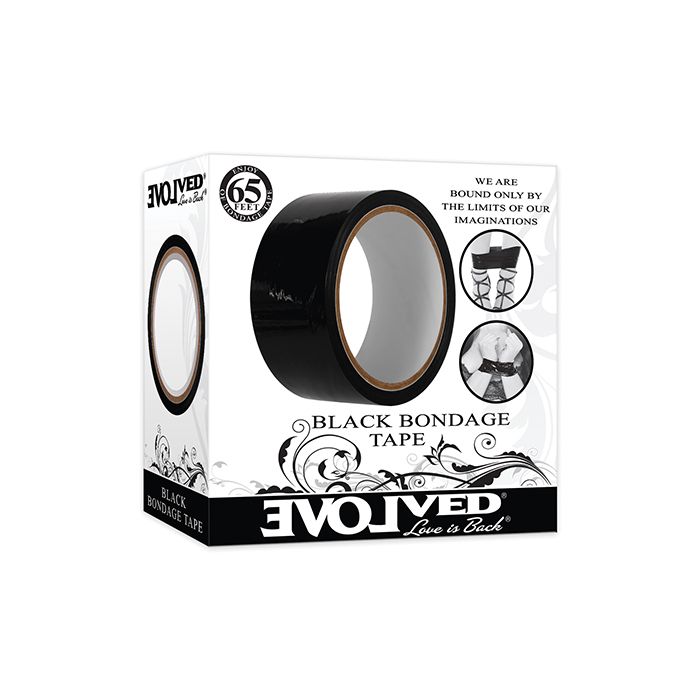 Front of box containing black bondage tape.