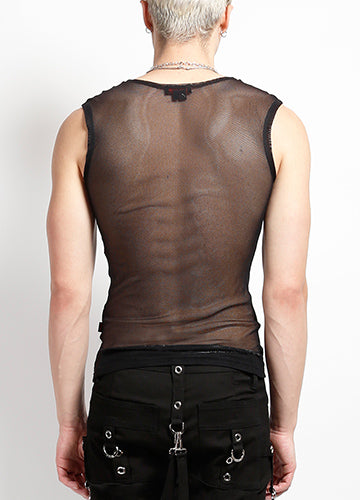 Black Sleeveless Unisex Fishnet Shirt on Male Model Back View