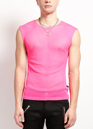Pink Sleeveless Unisex Fishnet Shirt on Male Model Front View