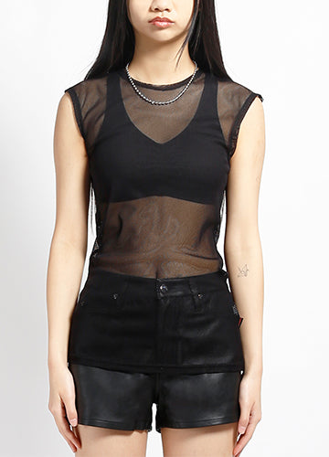 Black Sleeveless Unisex Fishnet Shirt on Female Model Front View