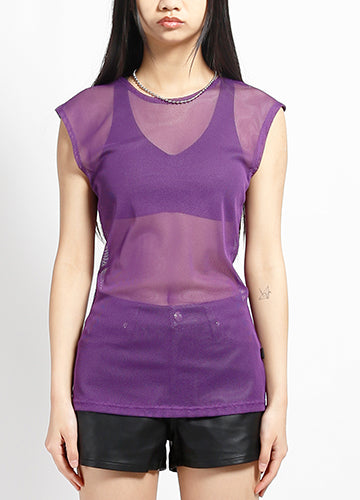 Purple Sleeveless Unisex Fishnet Shirt on Female Model Front View