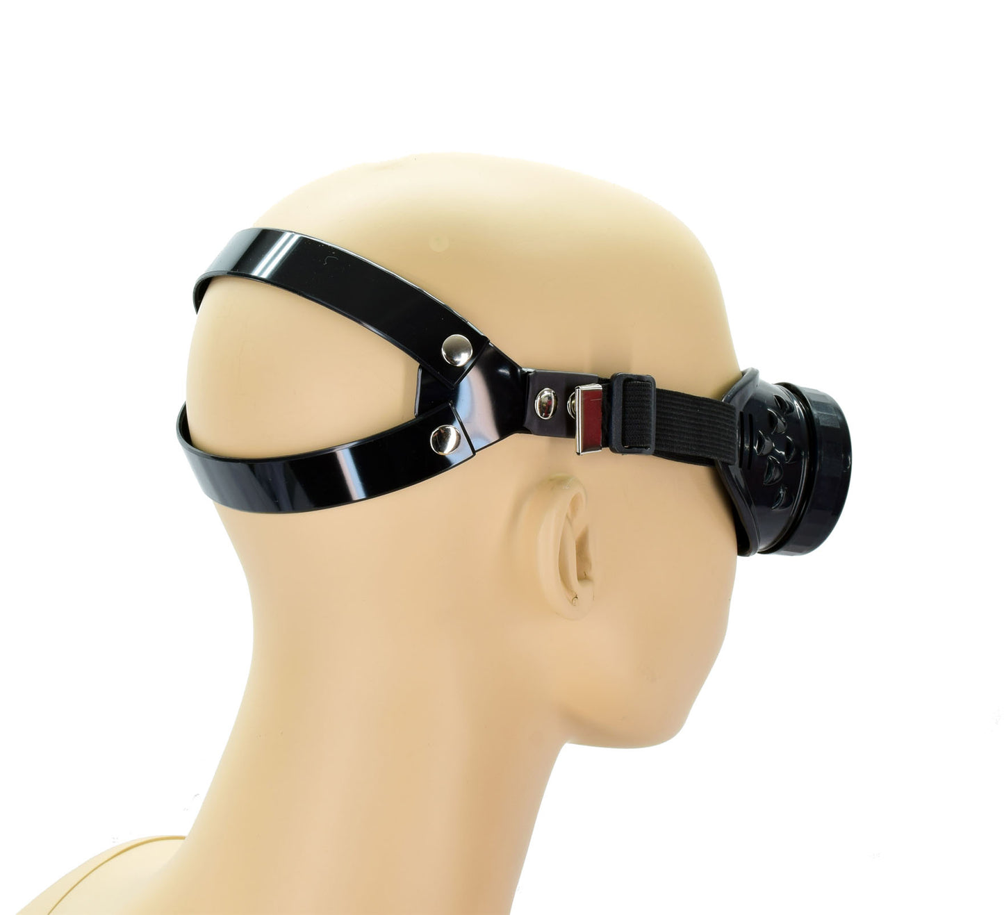 The right side and rear view of the Blind Goggles on a mannequin head.