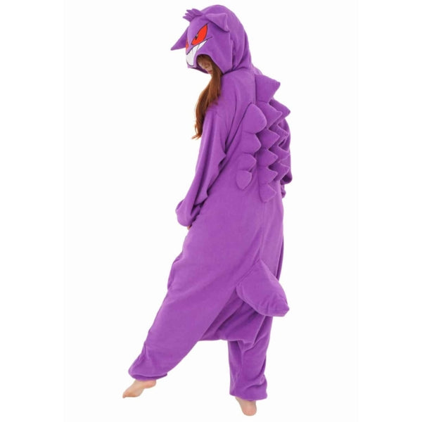 model wearing Gengar Kigurumi facing left/ back head down